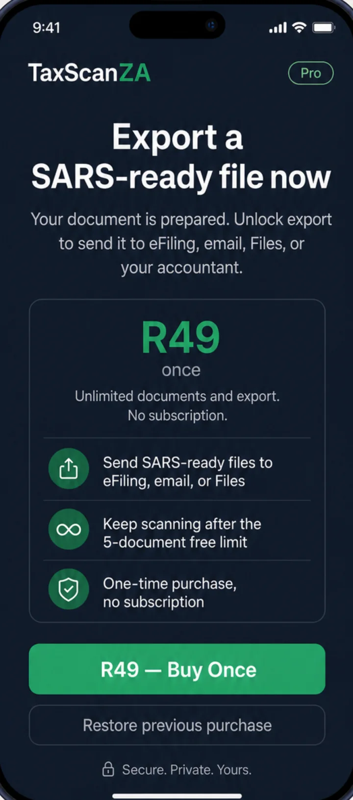 Pro upgrade screen: R49 once for unlimited documents and export