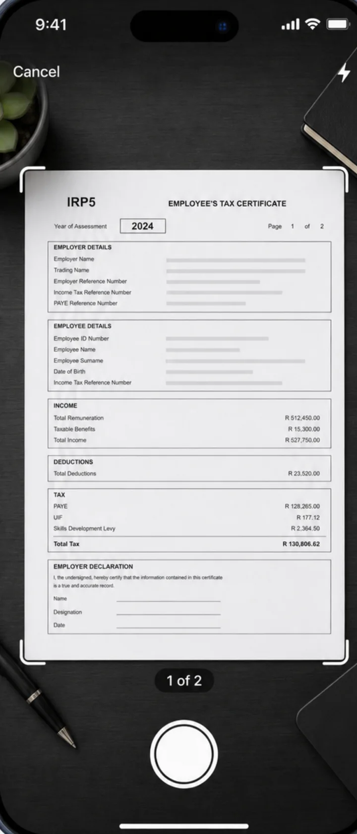 TaxScanZA scanning an IRP5 employee tax certificate, with the page edges detected