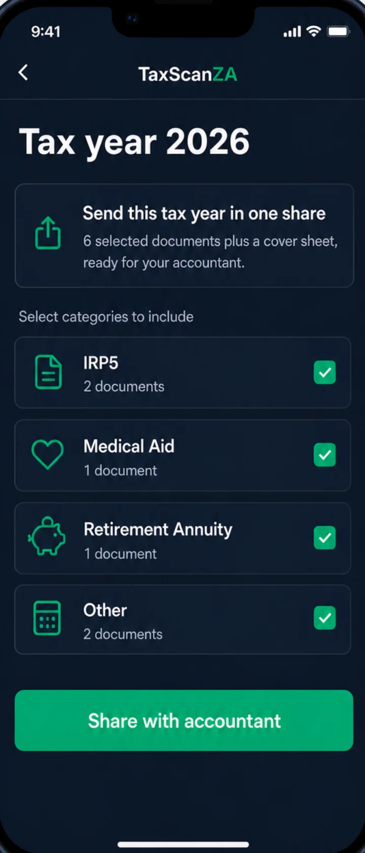 TaxScanZA tax year 2026 screen with IRP5, medical aid, retirement annuity and other documents selected to share with an accountant